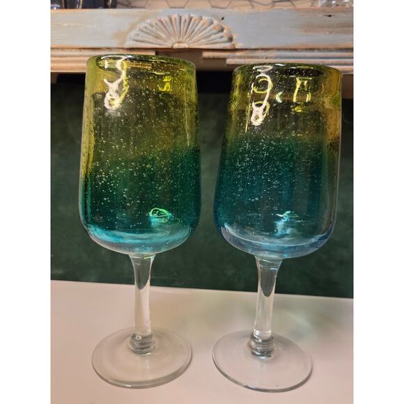 Bubble wine Goblets Three glasses 9" Tall  Ombre blue / green / yellow Mexico? - Picture 2 of 9